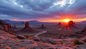 the last light of day glows on the surface of a high altitude desert plateau scattered with strange rock formations. photo