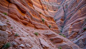 layers of colorful sediment form striking patterns in a steep canyon wall. photo