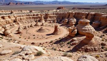 a rocky desert expanse is dotted with strange formations shaped by centuries of erosion. photo