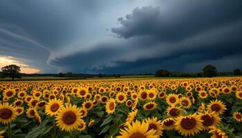 a thunderstorm brews on the horizon above a sunflower field drenched in golden light. photo