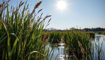sunlight filters through tall reeds growing beside a shallow marsh. photo
