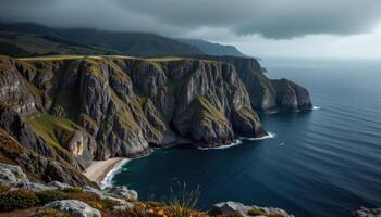 jagged cliffs loom above a dark bay where distant thunder echoes across the water. photo