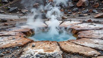 mist rises from a geothermal pool in the midst of a rocky volcanic field. photo