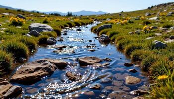 crystalline water flows through shallow channels in a high altitude meadow. photo