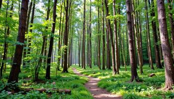 a forest path winds through towering trees under a green canopy. photo