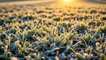 morning light sparkles on frost covered grass in an open field. photo
