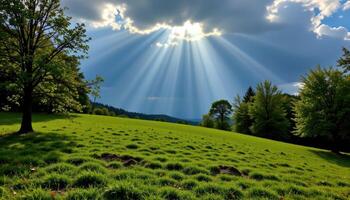 bright sunbeams break through the cloud cover over a grassy knoll. photo