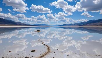 a salt lake reflects the sky so perfectly it becomes difficult to tell where land ends. photo