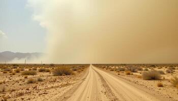 a sandstorm approaches across a dry plain with distant hills barely visible. photo