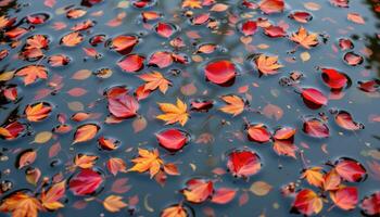 red and orange leaves float gently on the surface of a quiet pond. photo