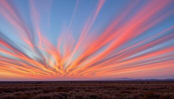 streaks of pink and orange stretch across the sky above a windswept prairie. photo