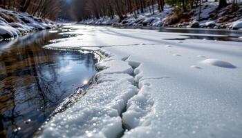 thin ice cracks on a river surface as spring approaches. photo