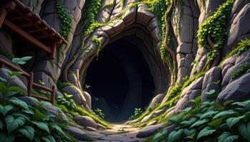 a deep cavern opens in the rock, hidden beneath vines and ferns. photo