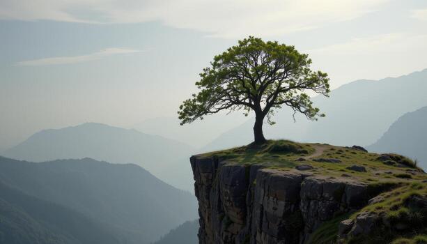a solitary tree stands at the edge of a cliff overlooking a foggy valley. photo