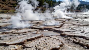 steam rises from cracks in the earth of a geothermal valley. photo