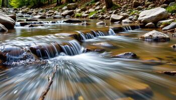 water flows silently over smooth stones in a shallow forest creek. photo