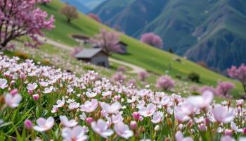 spring blossoms cover the slopes of a mountain meadow, filling the air with subtle color. photo