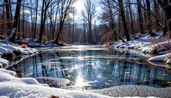 crystals sparkle on the surface of a frozen pond beneath a canopy of bare winter trees. photo