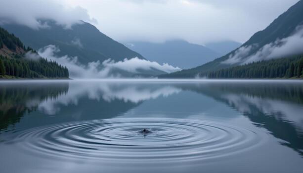raindrops ripple the surface of a quiet mountain lake surrounded by fog. photo