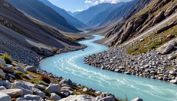 a glacial river twists through a rocky valley, its waters milky blue with silt. photo