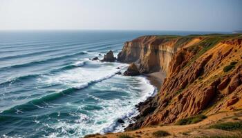 a coastal cliff crumbles into the sea as waves slowly reshape the landscape. photo