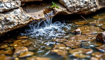 spring water bubbles from beneath a rock shelf into a crystal clear stream. photo