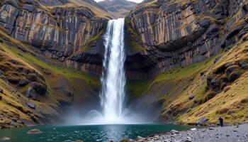 a distant waterfall tumbles down a cliff face surrounded by mossy rock. photo