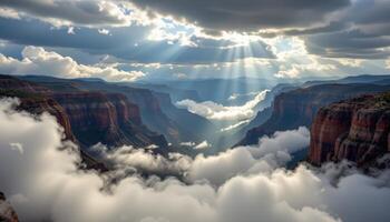 clouds drift over a canyon as sunlight breaks through in narrow beams. photo