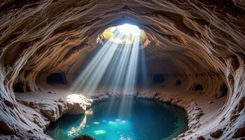 sunlight breaks through a crack in the cave ceiling, illuminating a pool below. photo