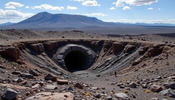 an ancient lava tube tunnels beneath a hardened volcanic plain. photo