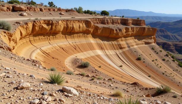a landslide has exposed bright layers of mineral rich soil in a desert cliff. photo