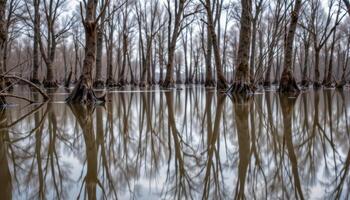 a flooded forest reflects tangled branches on its mirror like surface. photo