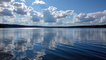 the surface of a calm lake shimmers with reflections of passing clouds. photo