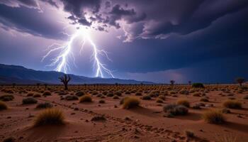 thunder echoes across a desert as lightning briefly lights the horizon. photo