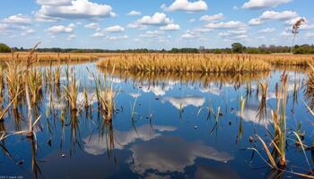 a mirror like wetland reflects the sky and surrounding reeds in perfect symmetry. photo