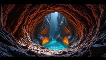 a narrow cave entrance opens to reveal a glowing underground pool. photo