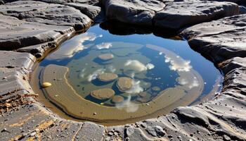 a shallow tidal pool mirrors the sky above, framed by rugged coastal rocks. photo
