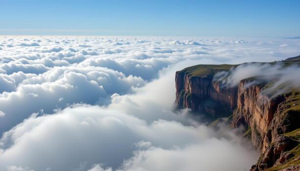 a sea of low lying clouds flows gently over the edge of a cliff like liquid silk. photo