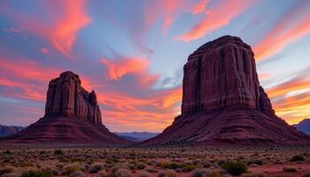 giant rock formations stand silent under a sky streaked with twilight colors. photo
