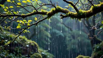 rain drips slowly from moss covered branches in a silent, shadowed glen. photo