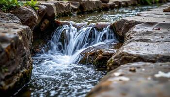 a cascade of rainwater flows through a narrow stone channel after a sudden storm. photo