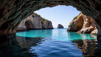 a lagoon's surface remains glassy and undisturbed beneath overhanging cliffs. photo