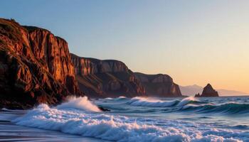the rhythmic crash of waves echoes between high sea cliffs at dusk. photo