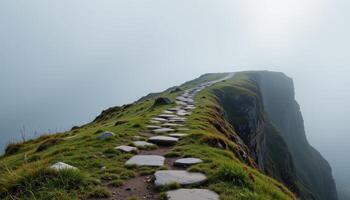 a stone path vanishes into the mist near the edge of a grassy cliff. photo