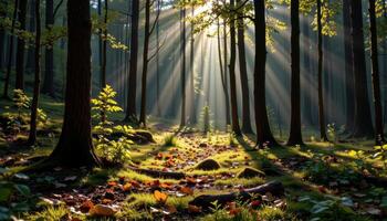 a forest floor glows softly with scattered light breaking through dense canopy. photo