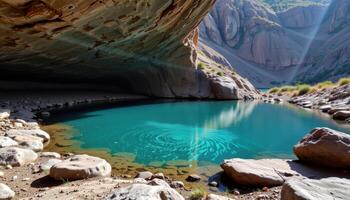 a pool of still water sits beneath an overhanging cliff in total silence. photo