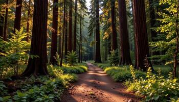 an abandoned path winds through a grove of redwoods bathed in golden hour light. photo