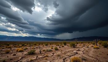a dark sky full of storm clouds broods above a dry, cracked valley. photo