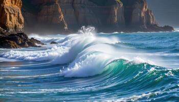small waves lap against the base of towering coastal bluffs. photo