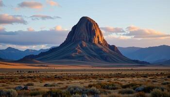 a rocky pinnacle rises suddenly from a wide plain, catching the last light. photo